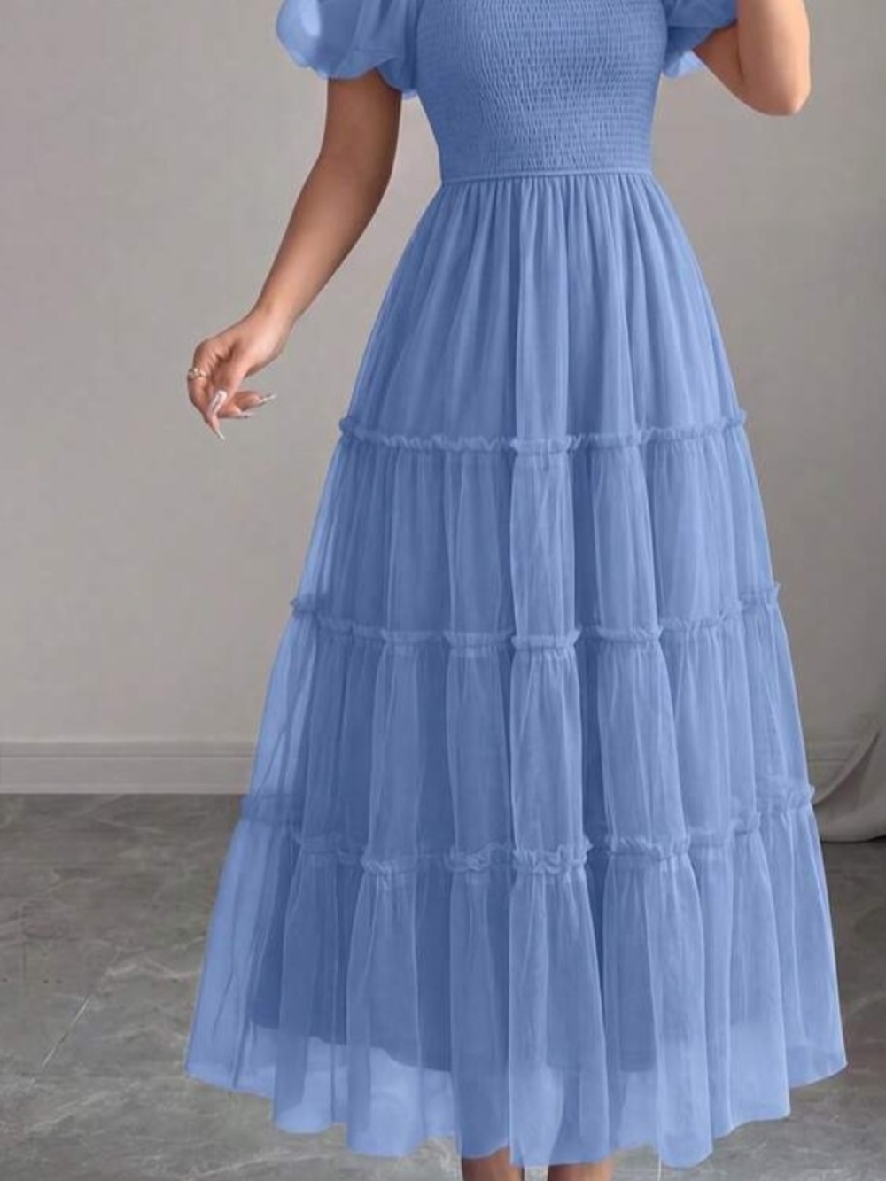 PrettyGarden Dusty Blue Off-Shoulder Tulle Midi Dress - Picture 13 of 14